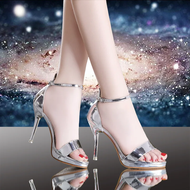 

2019 New Fashion Women Sandals Ankle Strap Woman Shoes Sexy High Heels Sandals Slip-On Gold Silver Ladies Sandals Women Pumps