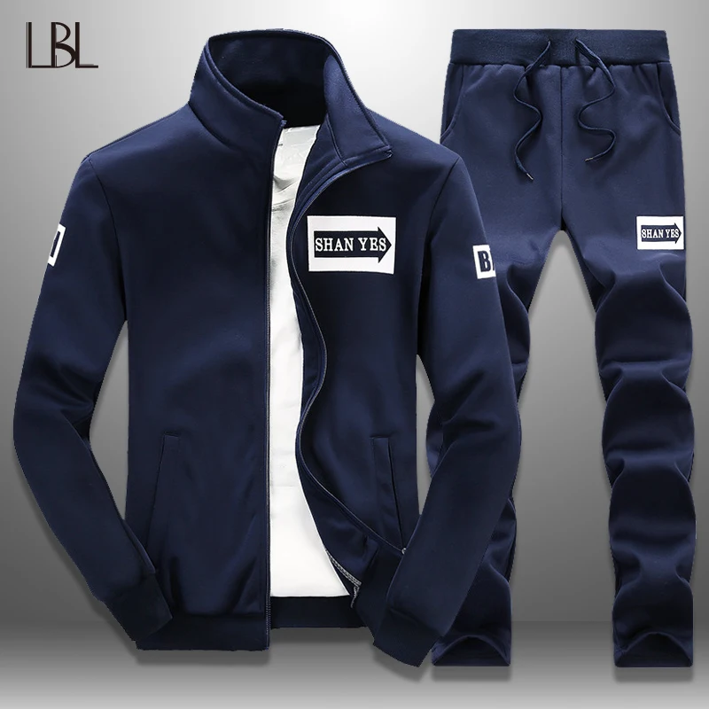 

LBL Slim Tracksuit Men Casual Jacket Track Suit 2 Piece Set Men's Sportswear 2019 Spring Fitness Clothing Mens Hoody Pants Sets