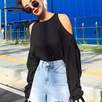

2018 autumn long sleeve women tops and blouses fashion solid black women's shirt sexy female hollow off shoulder blouse 0865 40
