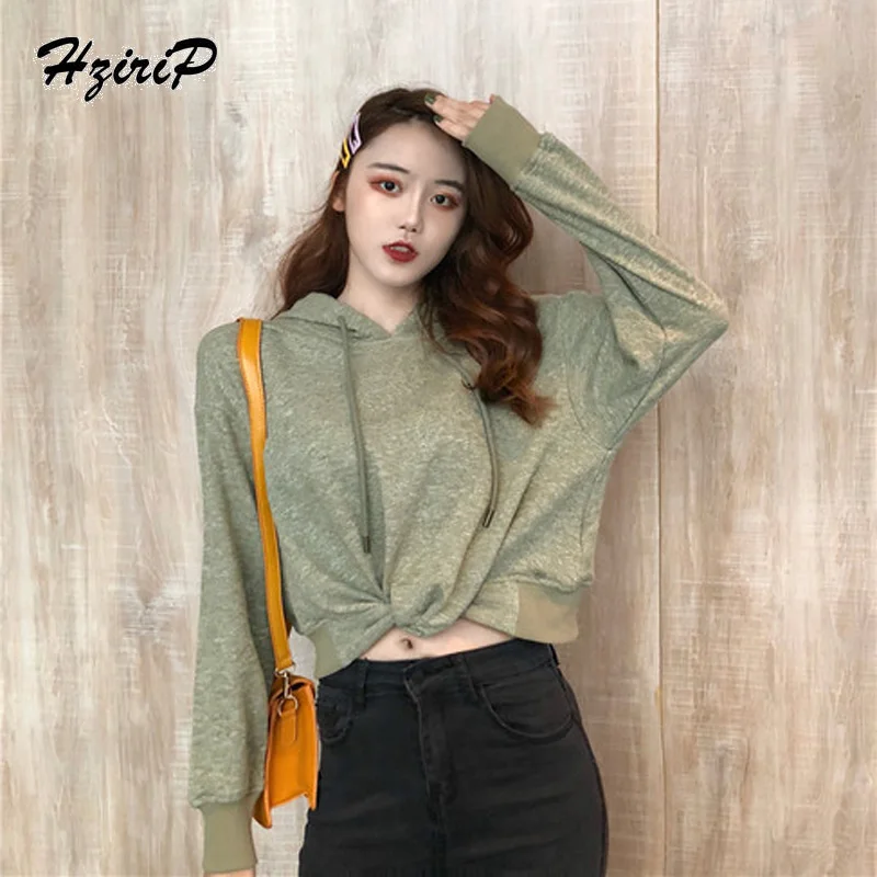 HziriP Autumn 2018 Fashion Full Sleeve Solid Sweatshirt No Pockets Pullovers Tops Hooded Female 