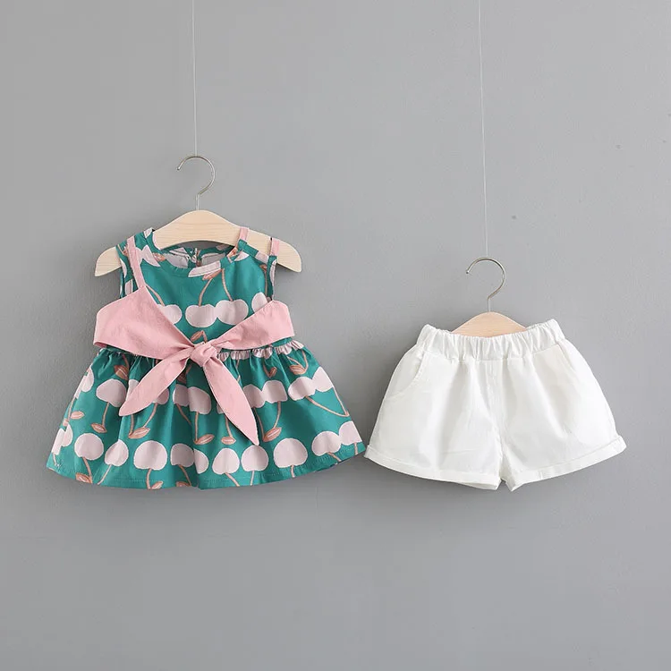 

Summer Toddler Girl Set Kids Suits Sleeveless Apple Print Girl Dress + Shorts 2PCS Children Clothes