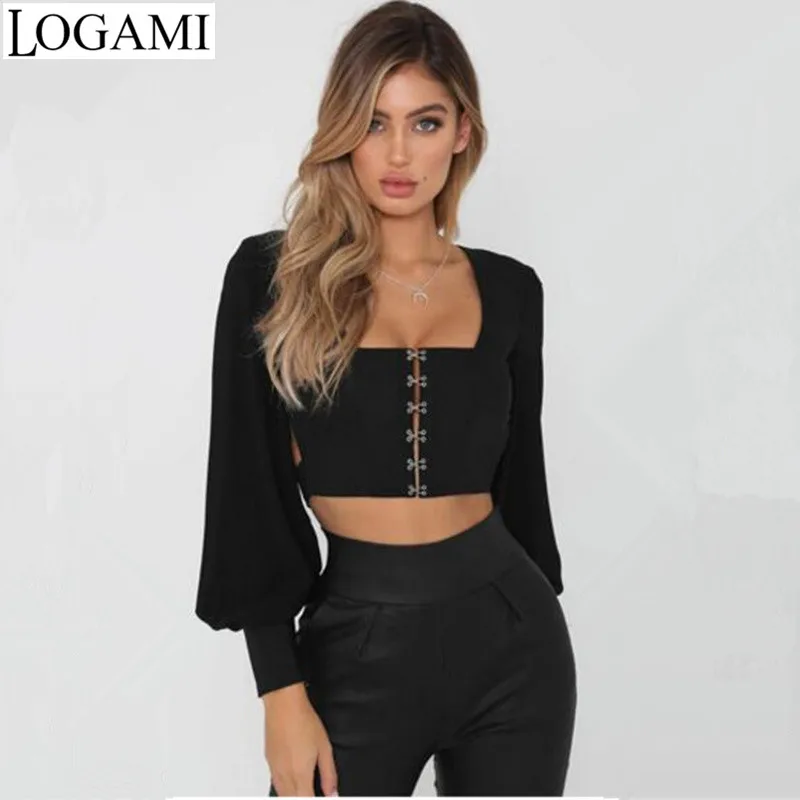 LOGAMI Backless Bow Chiffon Blouse Womens Long Sleeve Sexy Crop Tops Summer Top Women White 