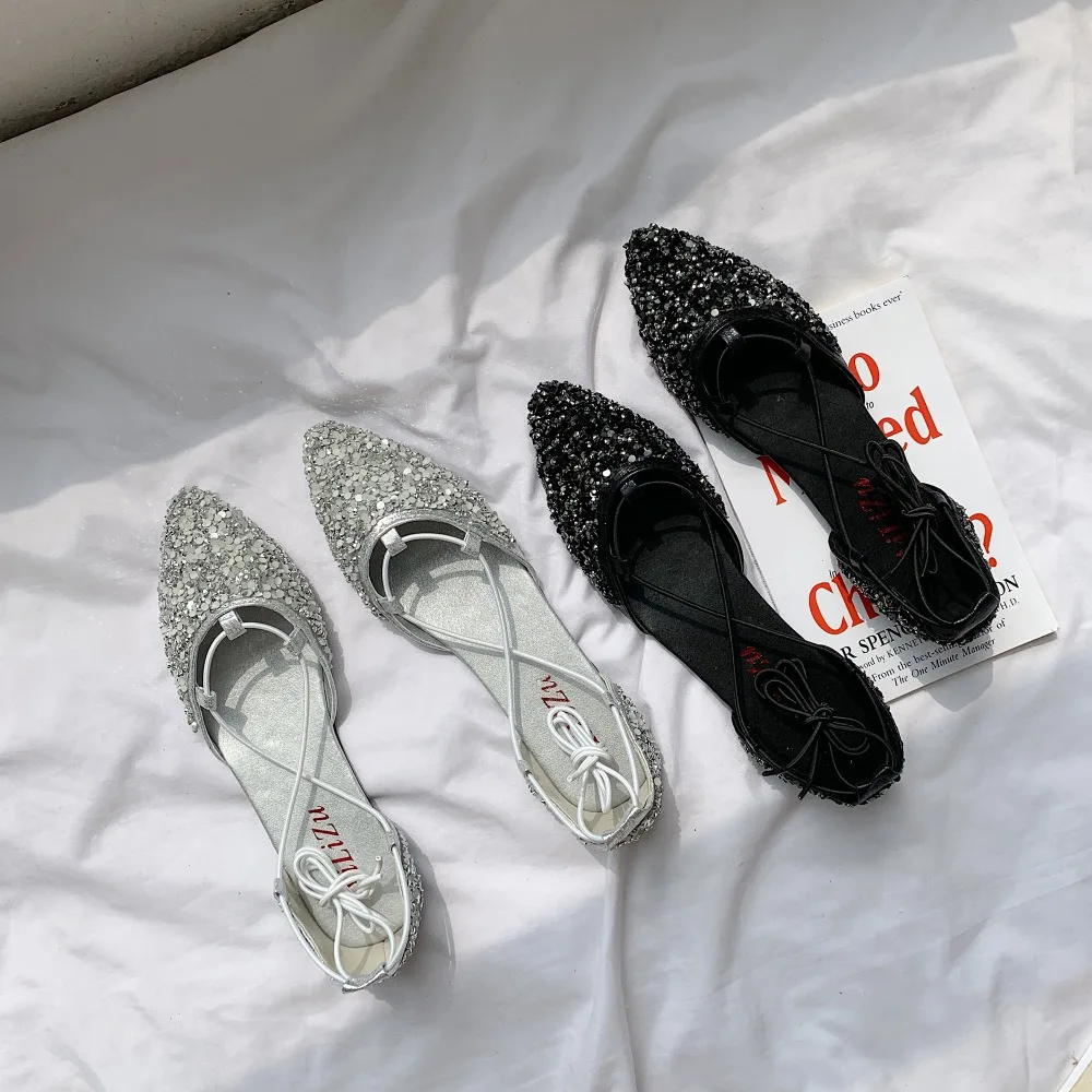 

Pointed Toe ballet new Crystal 2019 spring women flat Casual PU Ballet Flats Microfiber Rubber Lace-Up woman shoes leather lady