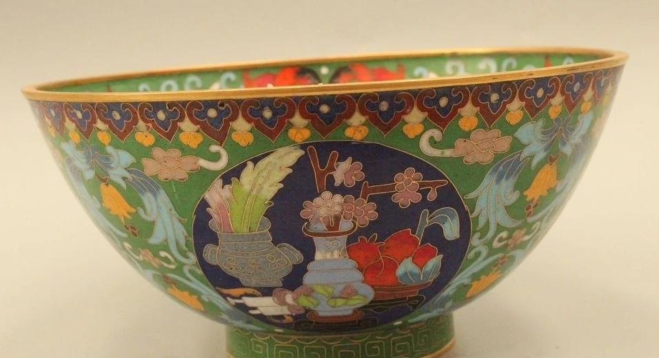 

4" Marked Chinese Cloisonne Bronze 24K Gold Longevity Dragon Flower Symbol Bowl