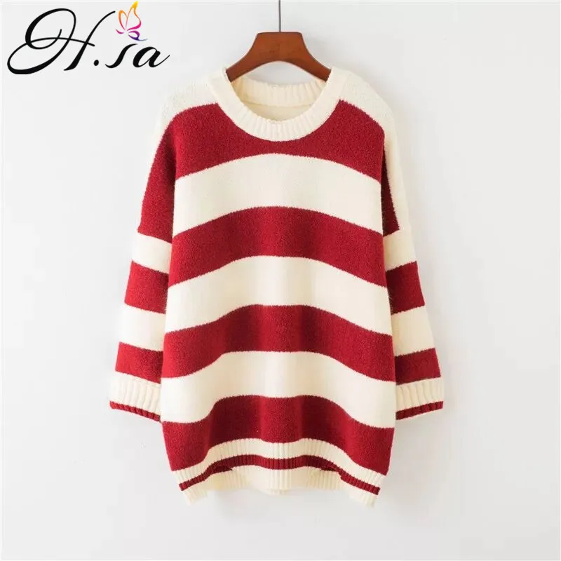 

H.SA Women Sweater and Pullovers 2018 Spring Winter Loose Striped Jumpers Oneck Irregulae Pull Femme Round neck cashmere sweater