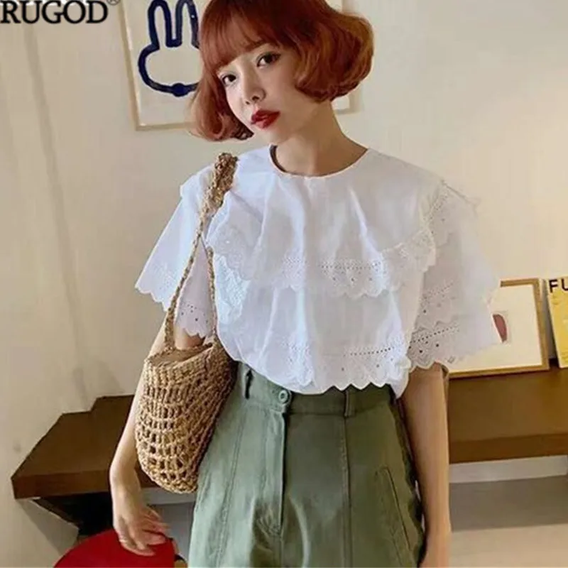 

RUGOD New Arrival Korean Style White Blouse Women Double O Neck Short Sleeve Cotton Shirt Ruffle Blouse kimono camisas mujer