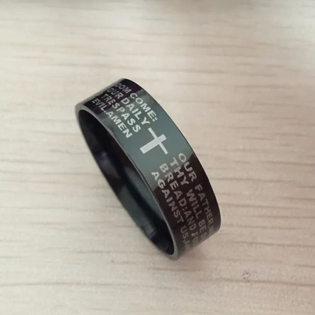 black men english bible ring 8mm 316 titanium steel cross letter