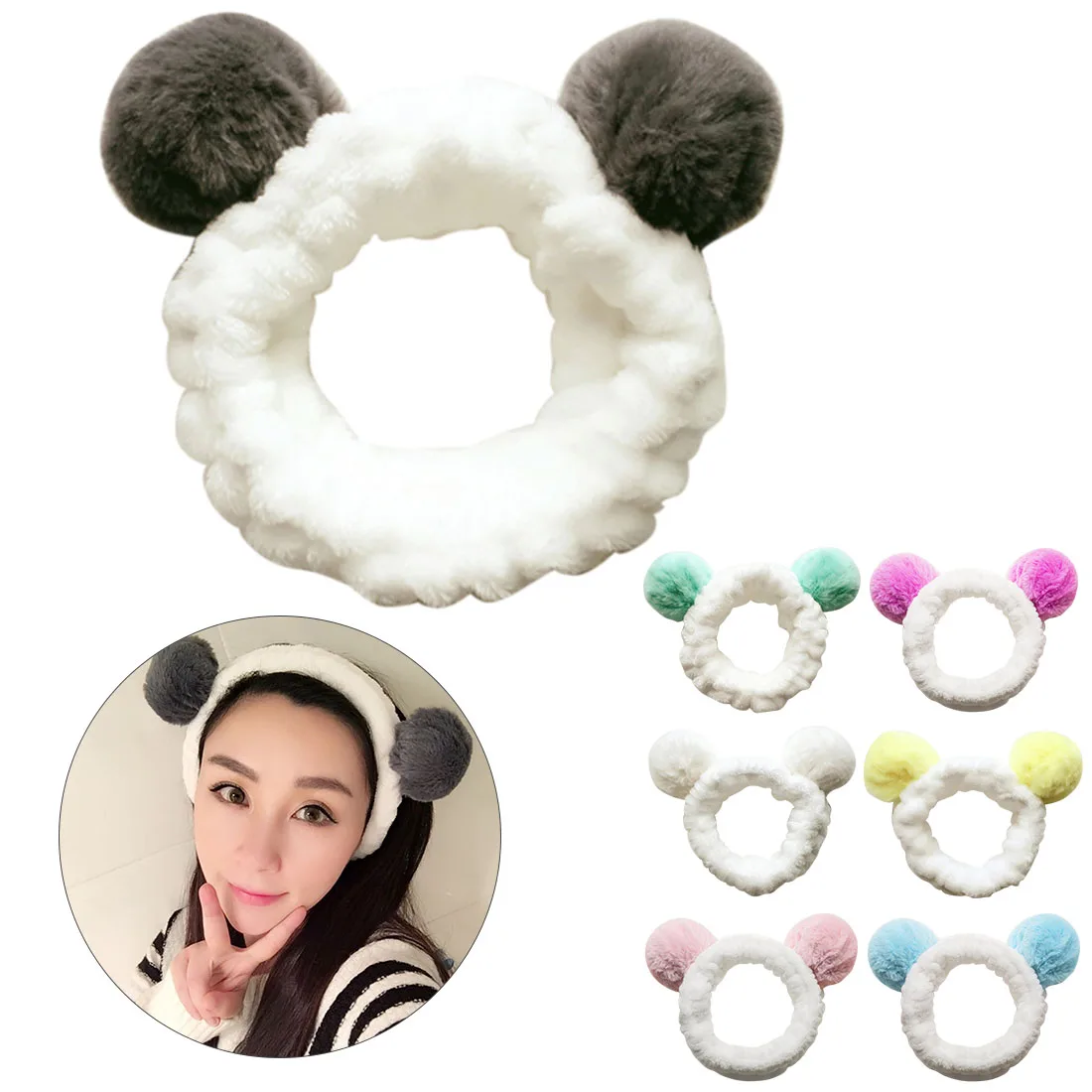 

Cute Panda Ear Soft Fleece Women Headband Pompom Makeup Headband Shower Head Wrap for Washing Face Shower Spa Mask