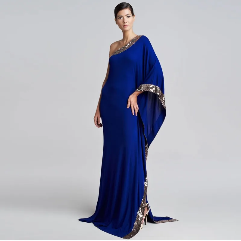 

One Shoulder Long Royal Blue Formal Dress with Sequin Trim Floor Lentgh Evening Gowns