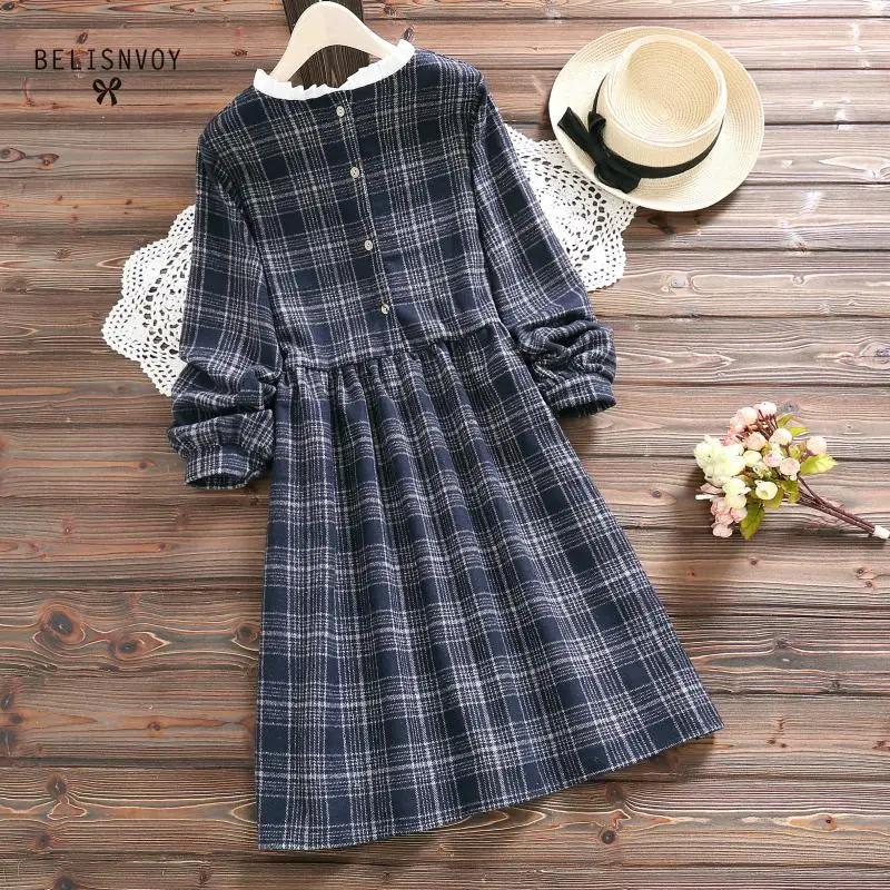 

Japanese Mori Girl Spring Autumn Dresses Women Vintage Plaid Vestidos Long Sleeve Femme Robe High Waist Sweet Ruffles Dress