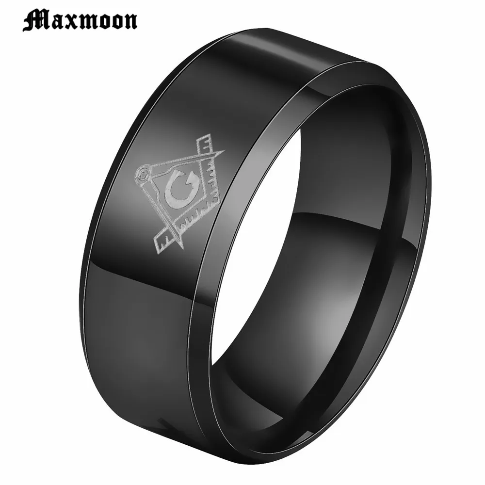 Мужское кольцо Maxmoon Hot 8 мм матовое золотистое масонское из нержавеющей стали