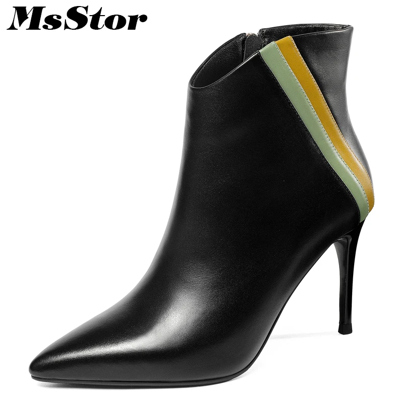 

MsStor Women Boots Pointed Toe High Heel Thin Heels Ankle Boots Women Shoes Genuine Leather Mixed Colors Zipper Boots Shoes Girl