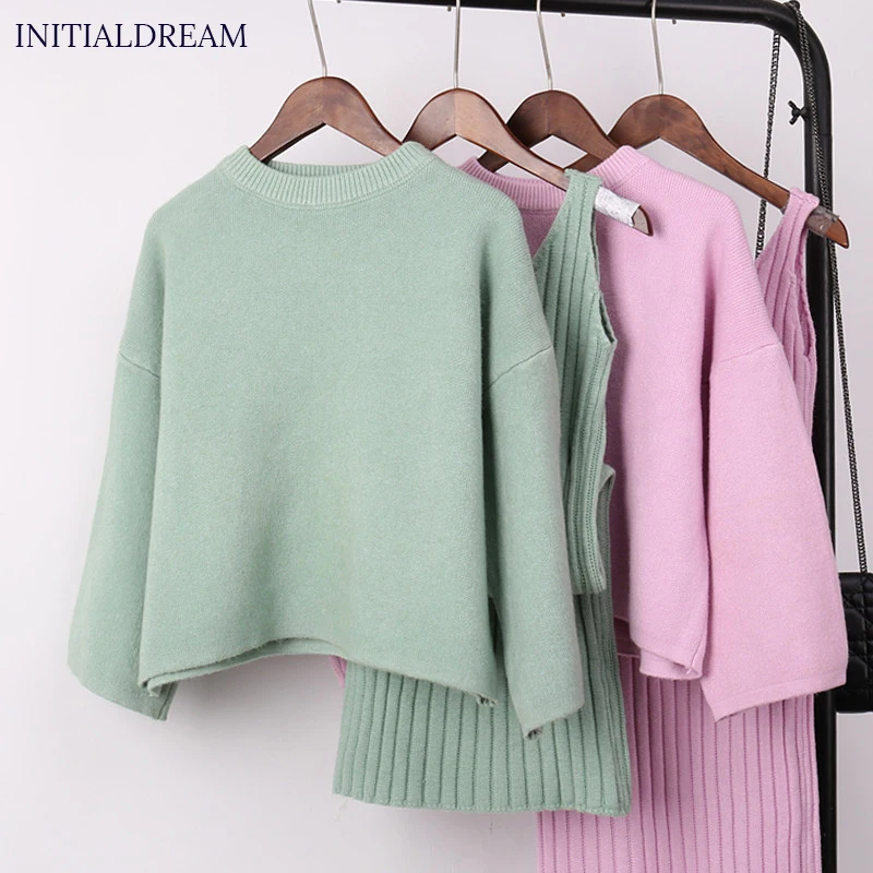 Goede INITIALDREAM Tweedelige Set Gebreide Jurk Herfst Winter Trui Pak voor Vrouwen Kantoor Dame Gebreide Warme Kleding Party Sexy Jurken