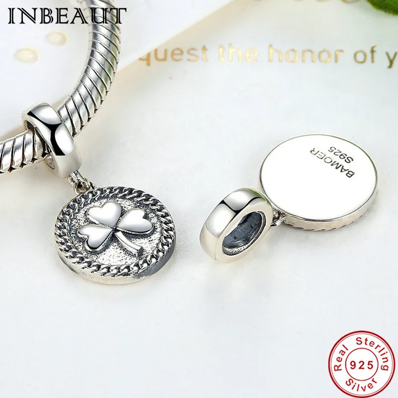 

INBEAUT 100% Real 925 Sterling Silver Clover Engraved Pendant for Women Wedding Antique Solid Silver Charm fit Original Bracelet