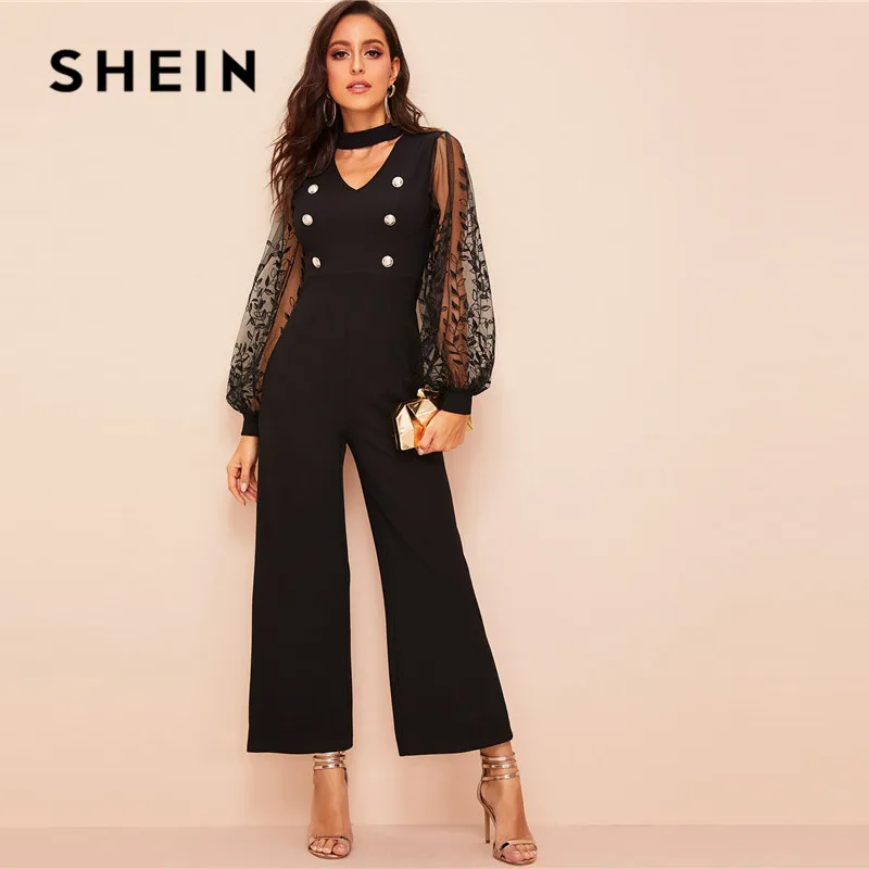 

SHEIN Choker Neck Embroidered Mesh Lantern Sleeve Black Jumpsuit Women Spring V Cut Out Neck High Waist Elegant Jumpsuit