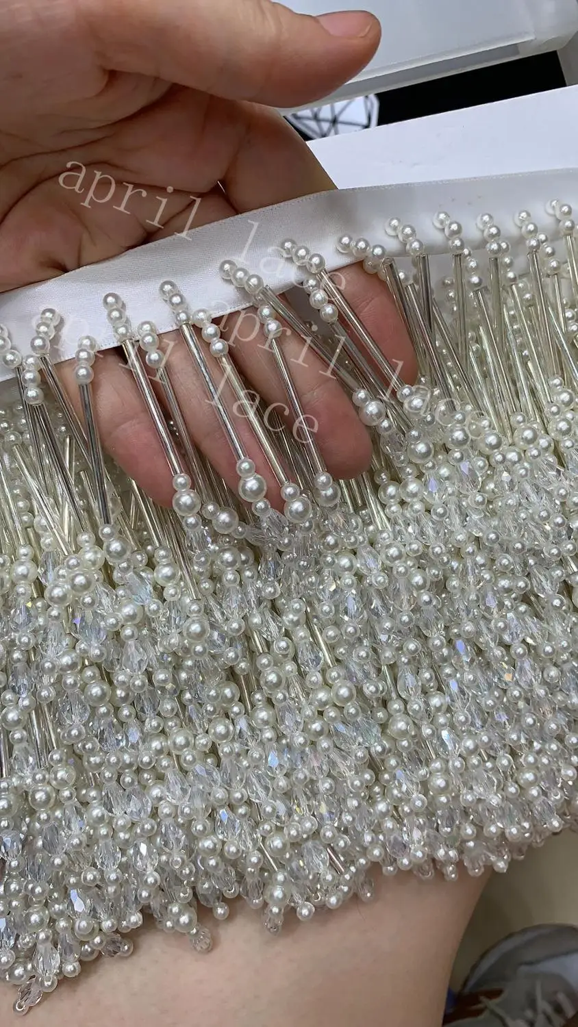 

cou005# 10 yards/bag 5cm width white pearl pendents beads ribbon fringe tassel for garment/decorative/wedding bridal gown dress