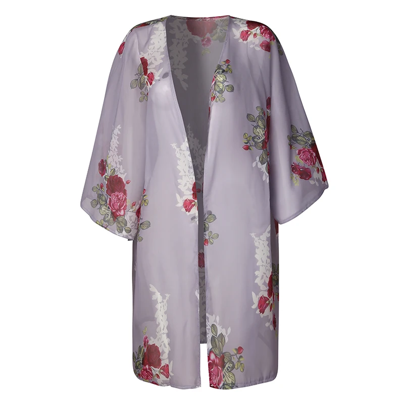 Women Boho Floral Loose Blouse Open Stitch Tops Shirt Floral Print Chiffon Cardigan Kimono Summer Beachwear Black Gray Blusas
