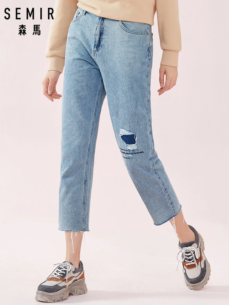

SEMIR Women Boyfriend Jeans with Repaired Hole at Knee Women's Retro Destroyed Slim Fit Jeans in Washed Denim with Raw-edge Hem