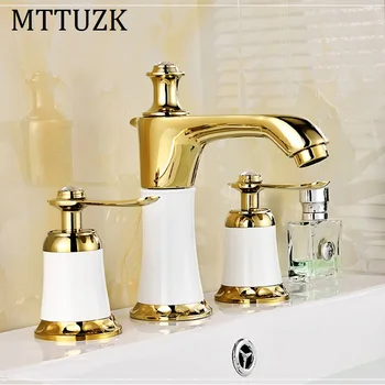 

MTTUZK Free Shipping Golden Bath Faucet Double Handle 3 Holes Deck Mounted Sink Faucet Hot &Cold Mixer tap Bathroom Faucet