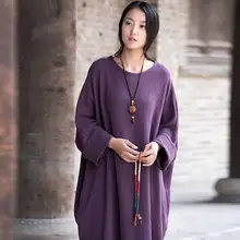 Women Spring New Cotton Linen Solid Loose Dress Robes Ladies Round Neck Plus Size Dress Gown