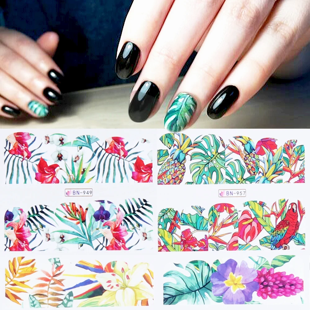 

12 Designs Water Transfer Stickers Set Summer Flowers Leaves Full Wraps For Nail DIY Art Decals Manicure Slider LABN949-960-1