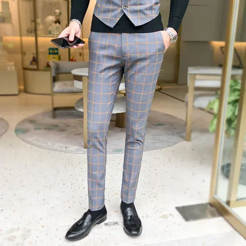 Для Мужчин's Штаны/Для мужчин высокого класса из хлопка в клетку Тонкий деловой костюм Штаны/Для мужчин high-end повседневные обтягивающие штаны 14 видов цветов, размеры s-5 xl - Цвет: K94  gray