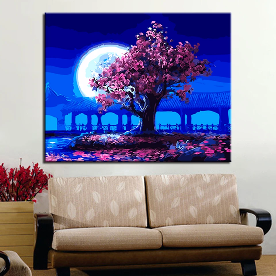 

Canvas Oil Painting Frame For Living Room Moon Cherry Tree Night Scenery DIY Coloring Pictures By Numbers Calligraphy Drawing