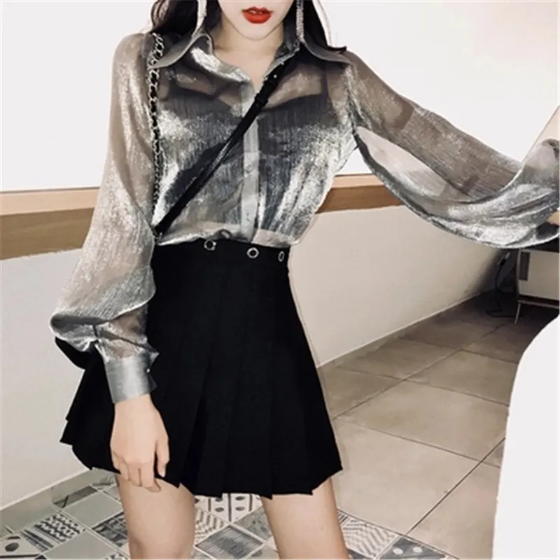 

2018 New Fashion Women Shirts Stylish Silver Chiffon Blouse Puff Sleeve High Quality Tops Fashion Mujer Chemises Femme ZZ584