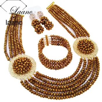 

Latest Fashion Golden Color Nigerian Beaded Jewelry Set African Wedding Beads Necklace Bridal Jewelry Sets PHDS010