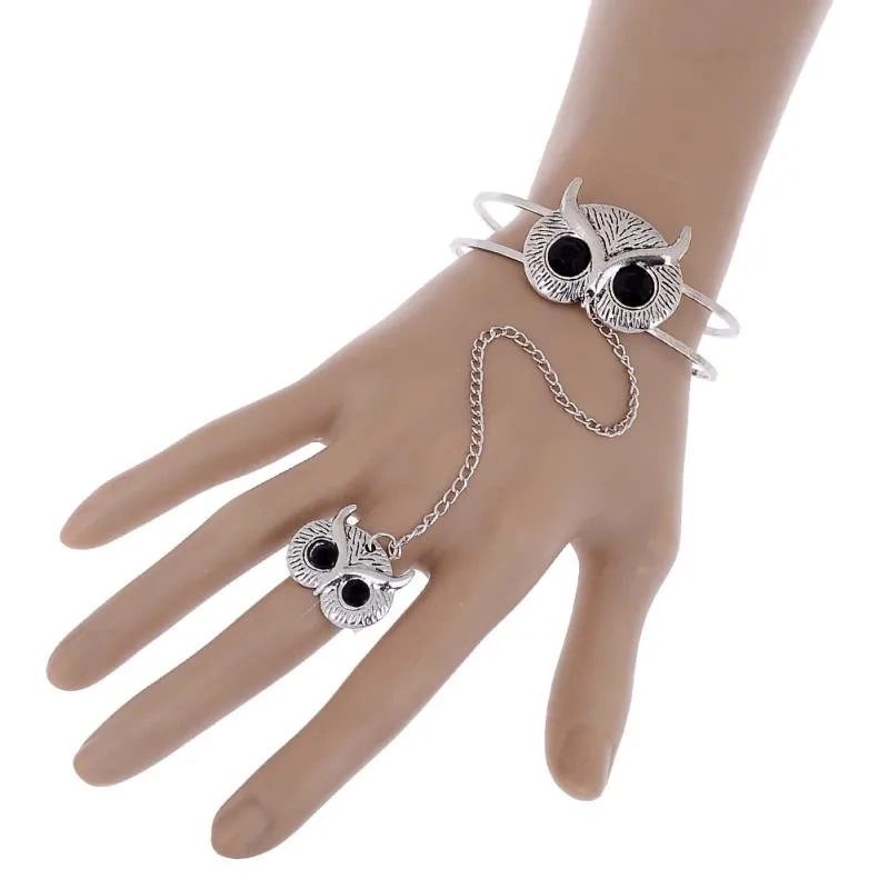 Винтажное Серебристая сова кольцо на палец ручной цепи жгут рабские цепи браслет браслеты в стиле панк для женщин ювелирные изделия