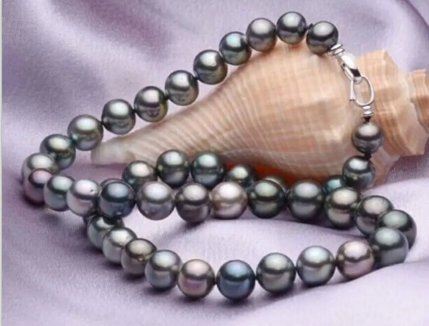 

natural 10-11mm natural tahitian black pearl necklace 18 inch silver clasp