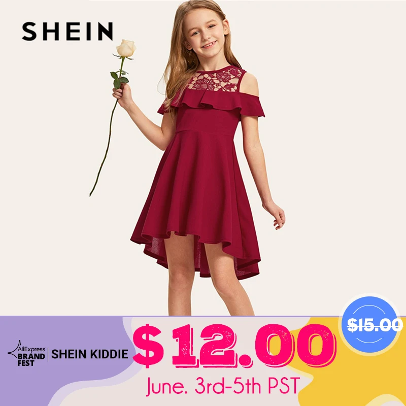 

SHEIN Kiddie Guipure Lace Cold Shoulder Ruffle Hem Girls Party Dress 2019 Summer Cap Sleeve Cute A Line Flared Dresses For Kids