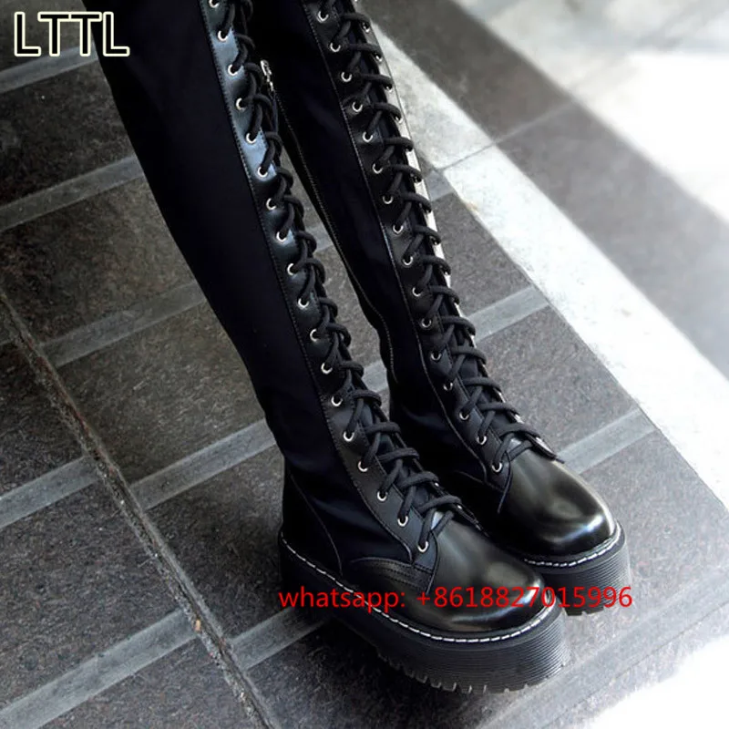 2017 Nueva Punk Locomotora Martin Mujeres Botas Largas Negras Gruesas largo  de Arranque Elasticidad de Moda Con Cordones Cremallera Lateral Sobre La  Rodilla de arranque|long boots women|knee bootsover knee boots - AliExpress