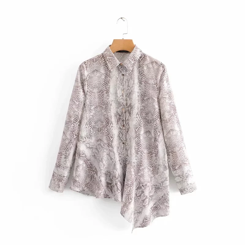 

New Arrival Women Irregular Blouse Snake-skin Print Shirts Long Sleeve Single Breasted Casual Female Tops Chemise Mujer Clothes