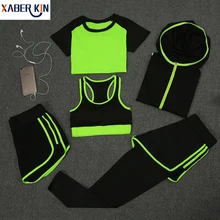 5 шт. Для женщин Фитнес Йога комплект футболка и бюстгальтер и Подрезанные штаны спортивный комплект тренажерный зал одежда спортивная одежда спортивный костюм быстросохнущие ct011-cgr1