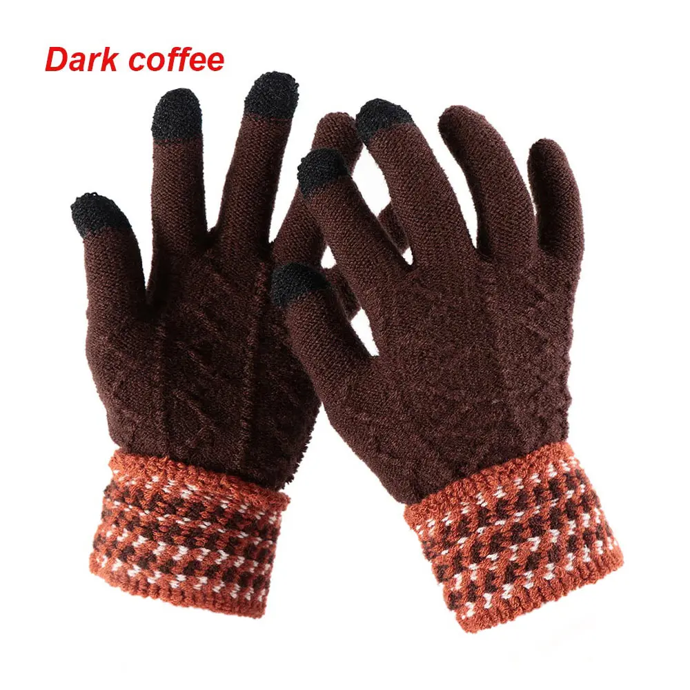 Кашемировые перчатки на полный палец, шерстяные вязаные модные теплые перчатки для женщин и мужчин, тянущиеся Нескользящие жаккардовые перчатки, зимние подарки - Цвет: Type2 dark coffee