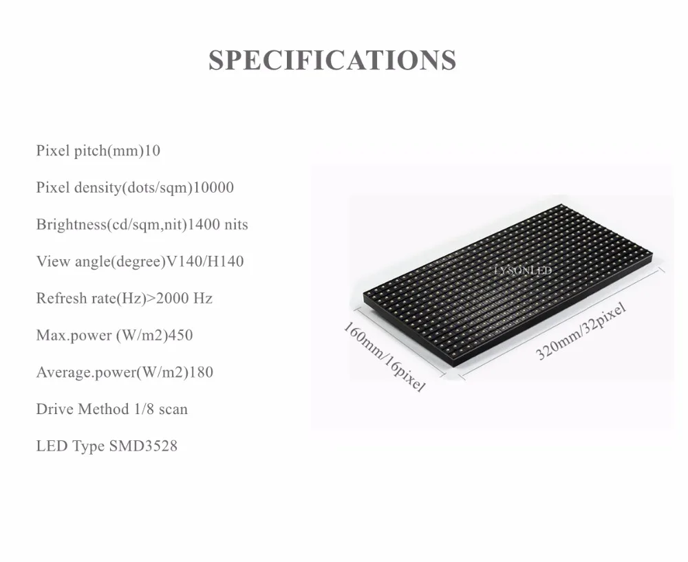 Светодиодный модуль LYSONLED 320x160 мм для помещений SMD3528 P10 светодиодный сканирования