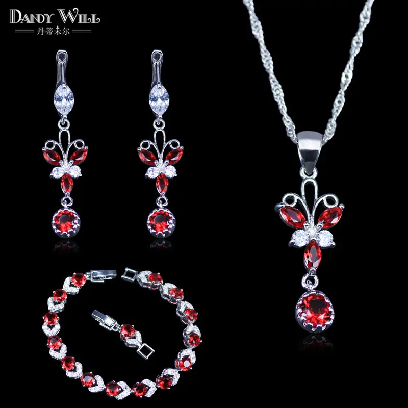 

Romantic Red Garnet White Zircon Princess Jewelry Set 925 Stamp Silver Color Women Earrings Necklace Pendant Bracelet Sets