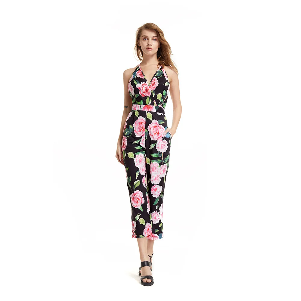 

Fashion Floral Print Sexy Rompers Women Jumpsuit Casual Beach Summer Playsuit Leisure Elegant Ladies Ankle-length Jumpsuit