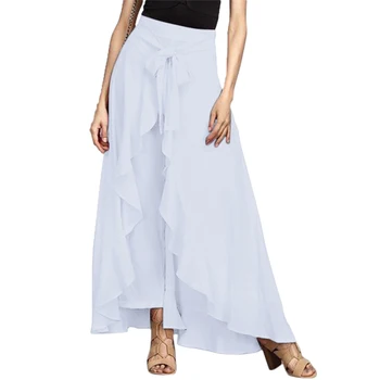 

2019 Women Autumn Casual Chiffon Pants Fashion Elegant Bow Tie Waist Ruffles Irregular Skirt Trousers High Waist Wide Leg Pants