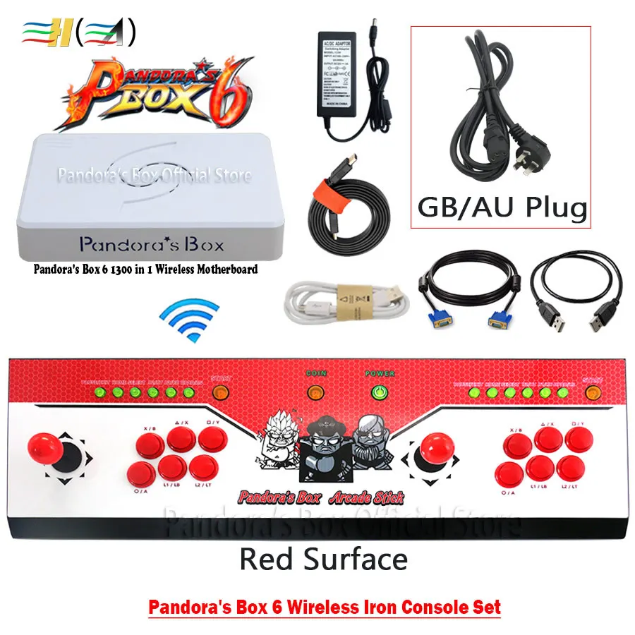 wireless red GB plug 2 игрока кнопки джойстика беспроводной пульт Pandora's box 6 1300 в 1 беспроводной Железный пульт набор управления детская игровая машина - Цвет: wireless red GB plug