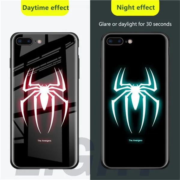 Светящийся яркий стеклянный чехол Мстители для iPhone XS MAX XR 6 7 8 6s Plus 7 plus 8 plus светодиодный чехол с логотипом - Цвет: Spider