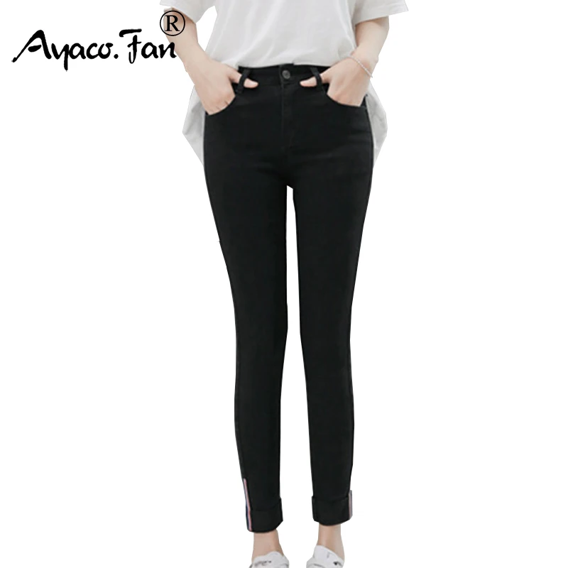 Koop 2018 Vrouwen Jeans Lente Herfst Elastische Taille Broek Dames Vintage Potlood Slanke Skinny Jeans Zwart Grijs Casual Zachte Dame Broek