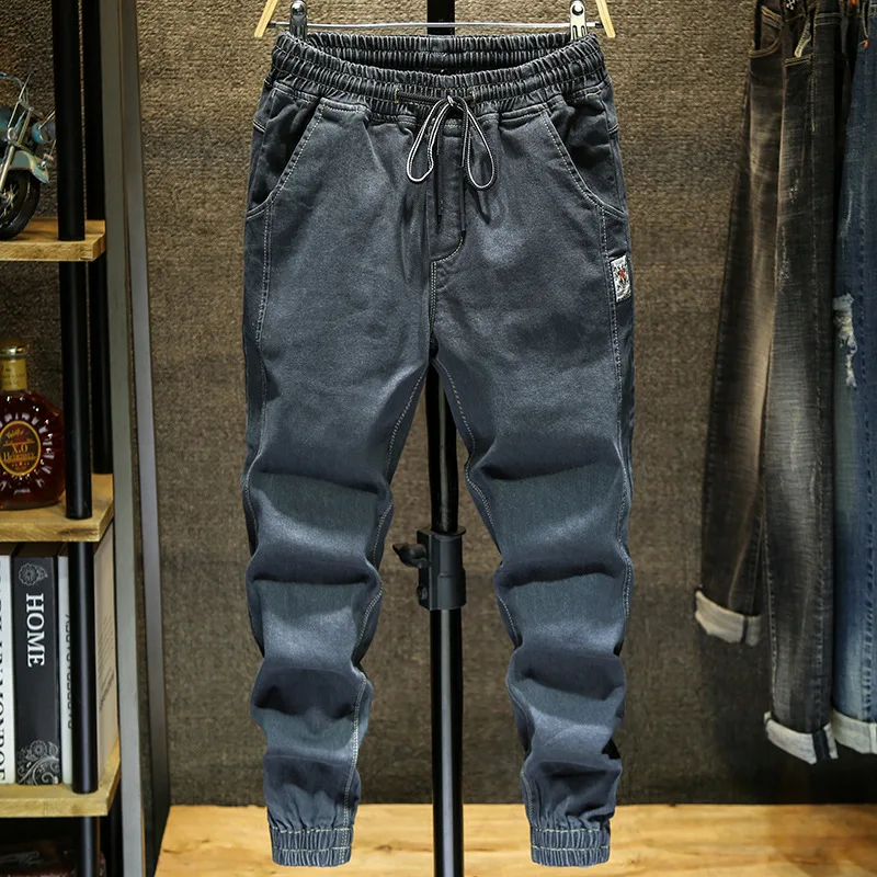 Свободные джинсы мужские 2019 летние тонкие дышащие штаны-шаровары средней длины с завязками на талии мужские повседневные брюки-карандаш с