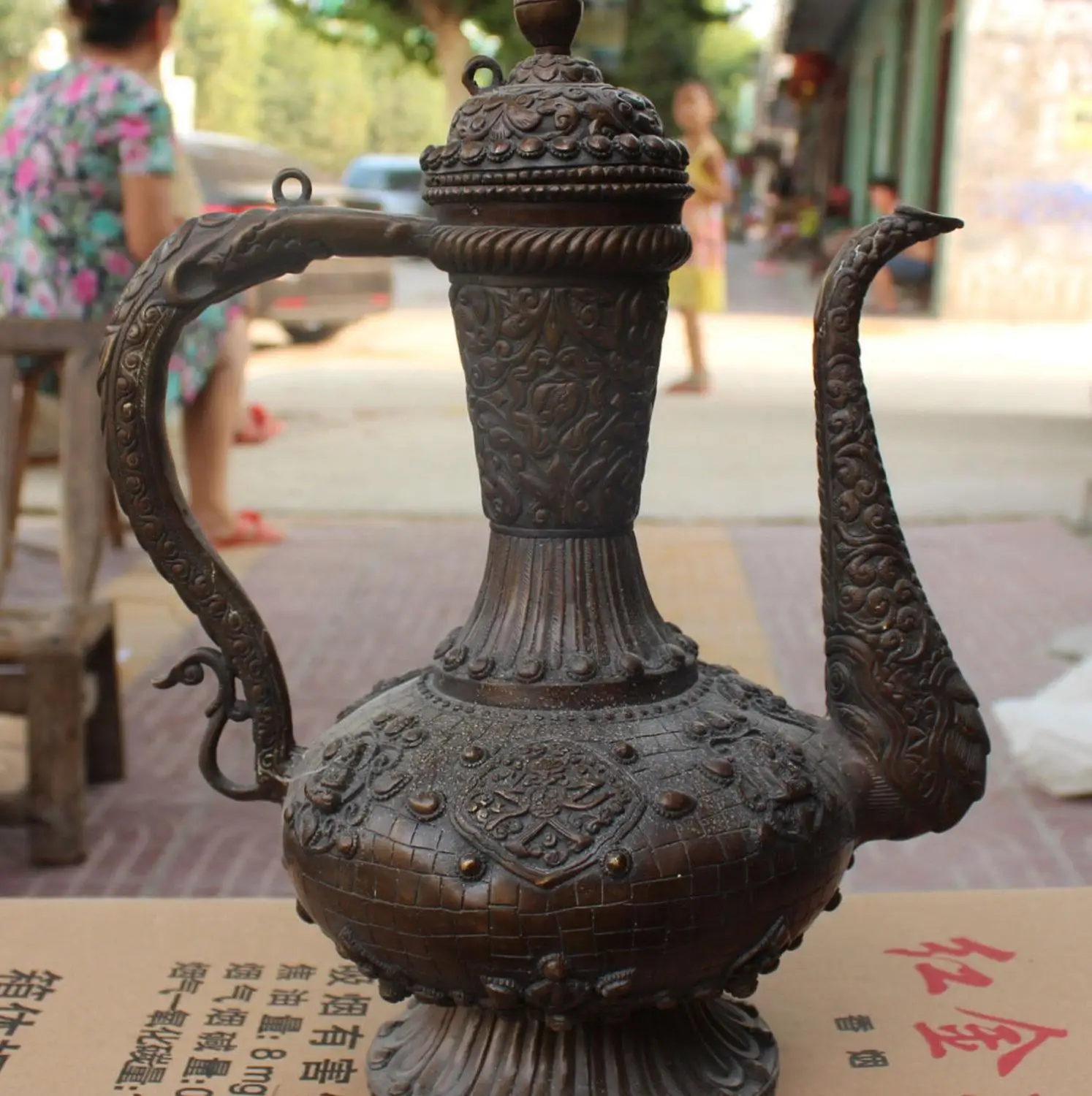

14"China Bronze 8 auspicious symbol Dragon Shakyamuni Buddha Tea Wine Pot Flagon