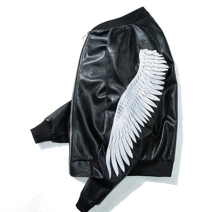 Осень Курточка бомбер кожаная куртка Для мужчин мотоцикл перо крыла вышивка хип-хоп куртка Пара Мода Повседневное уличная панк