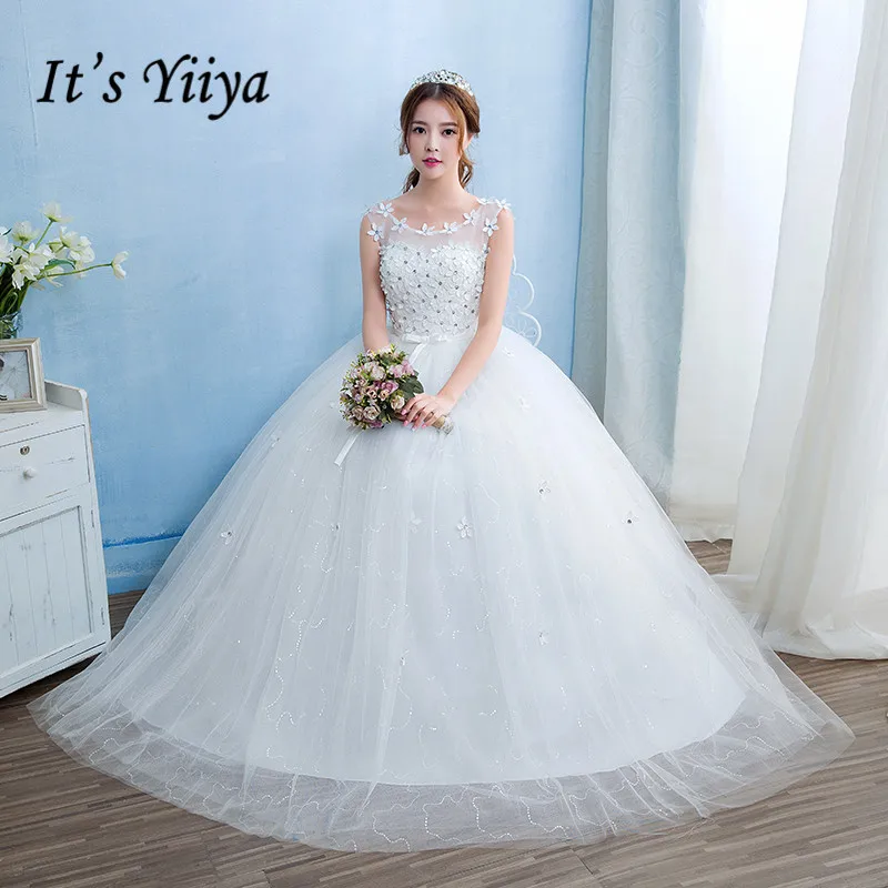 

Free Shipping Vestidos De Novia Real Photo Cheap White Lace with Flowers Wedding Dress O-Neck Lace up Bridal Gowns Frocks HS237