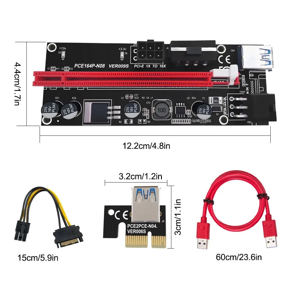 50PCS 009s 1x to 16x PCI Express Riser Card PCI-E Extender USB3.0 Cable dual 6pin 4pin molex SATA to 6Pin for ETH Bitcoin Mining