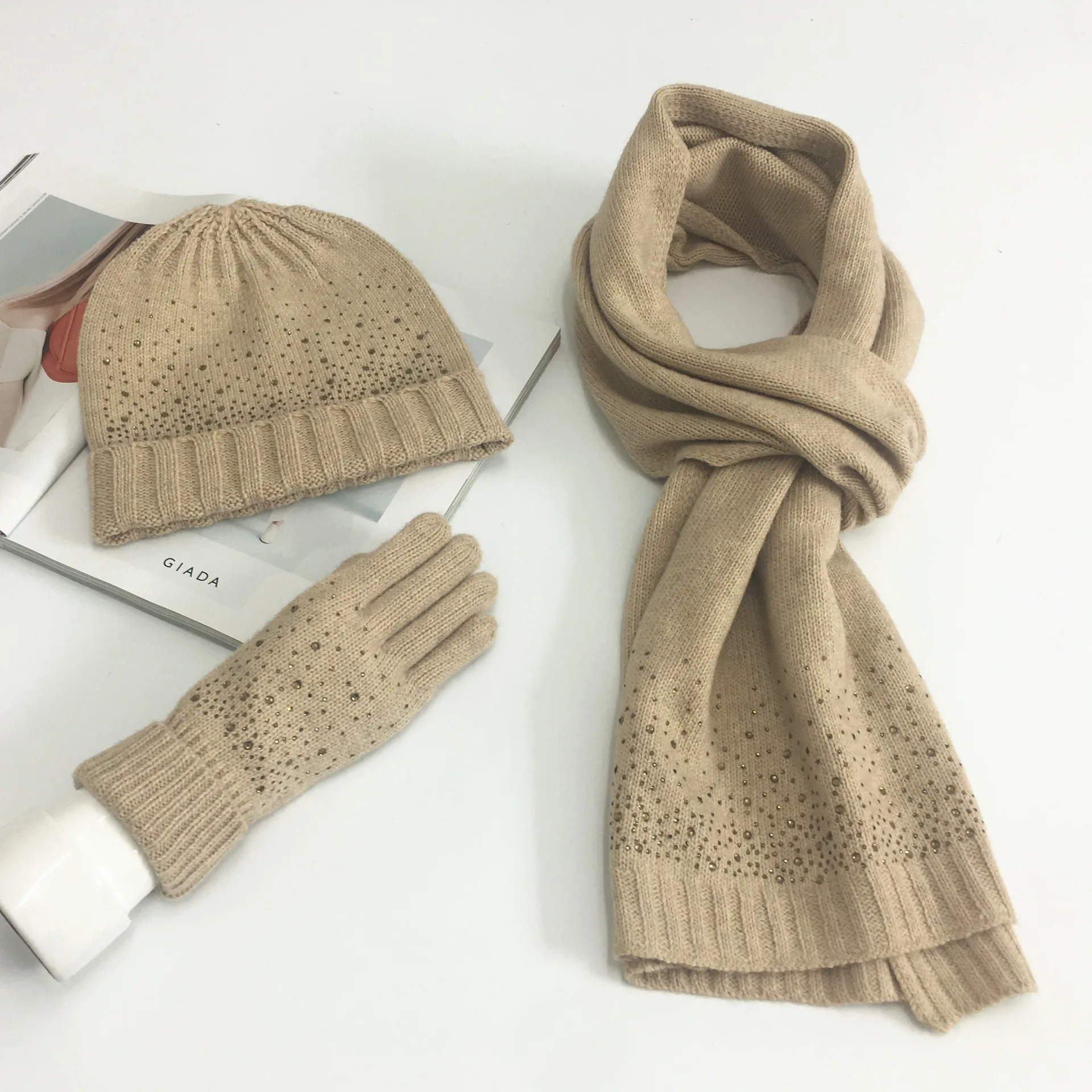 New Fashion Knitting Wool Three piece Rhinestone Warm Wool Gloves, Hats