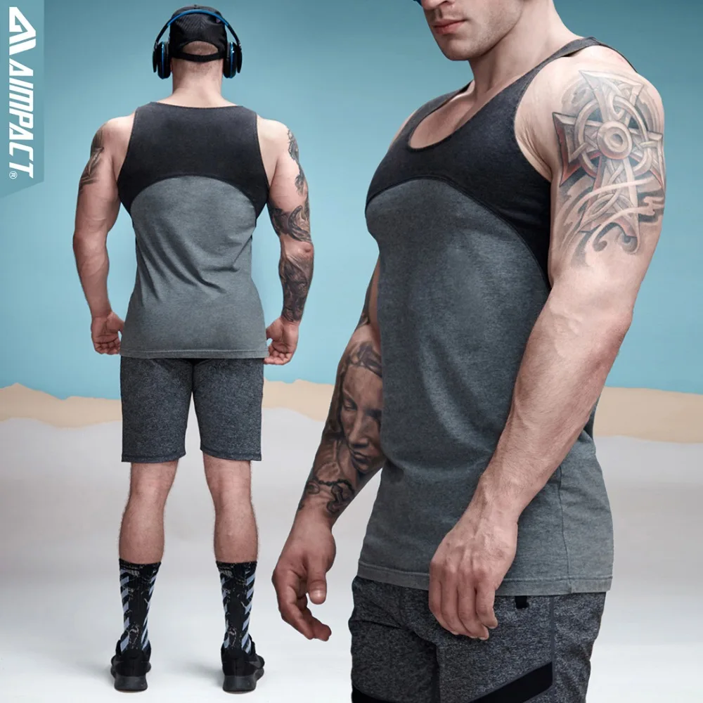 Aimpact Cotton Patchwork Tank Tops For Men Contrast Color Singlets Fitness Sportive Suit Vintage Sleeveless Tshirts 2AM1005